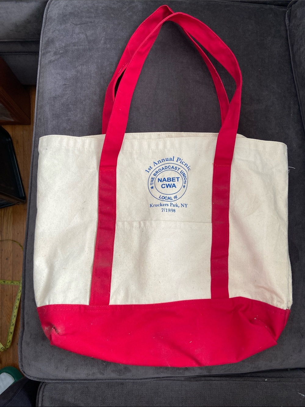 Vintage 90s Canvas Tote Bag in Red and Natural, VGUC